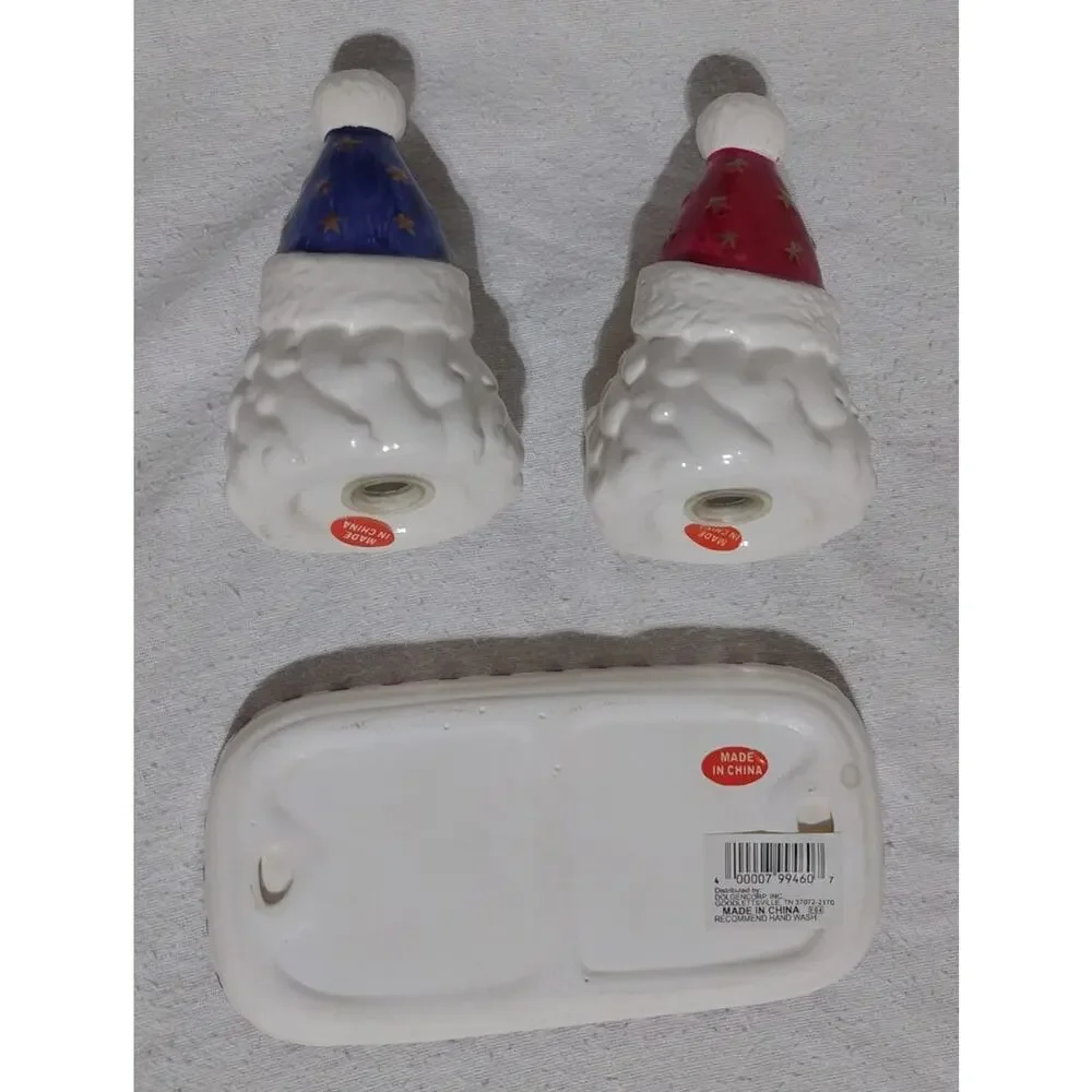 Vintage Santa Head Blue and Red Dish Candy Cane Christmas Holiday Salt & Pepper